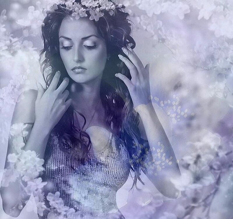 Woman with Flower Crown — Purple, Serene, Digital Art
