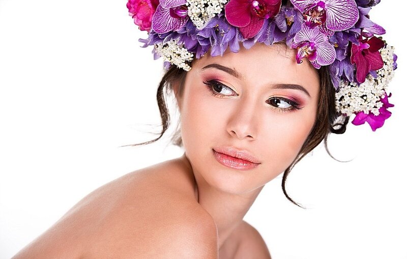 Woman with Flower Crown — Purple, Serene, Photograph