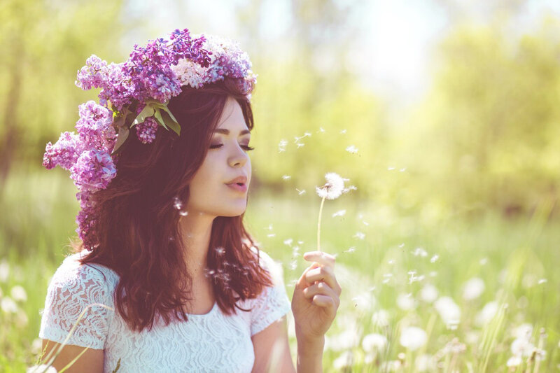 Woman with Flower Crown — Purple, Serene, Spring, Photograph, Dandelion