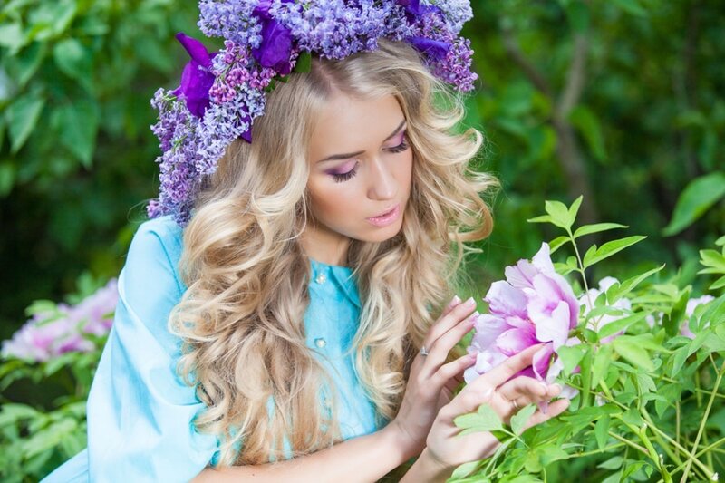 Woman with Flower Crown — Purple, Serene, Spring, Photograph, Flowers, Greenery
