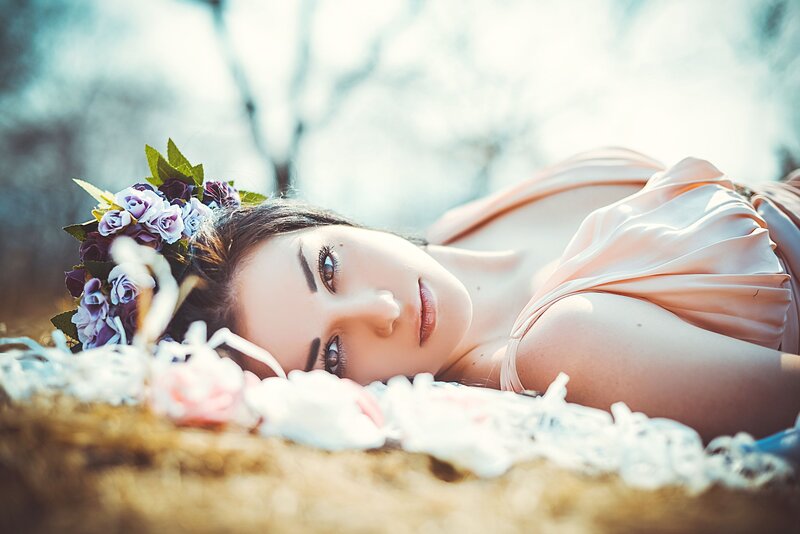 Woman with Flower Crown — Purple, Serene, Spring, Photograph