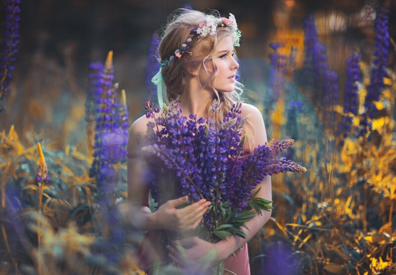 Woman with Flower Crown — Purple, Serene, Sunset, Photograph