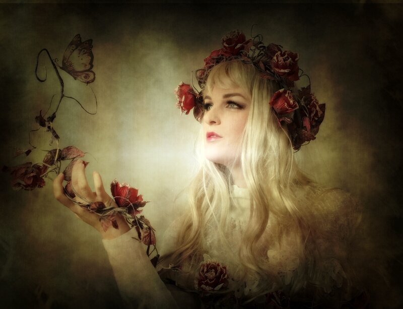 Woman with Flower Crown — Red, Dramatic, Digital Art, Flowers
