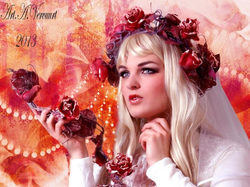 Woman with Flower Crown — Red, Dramatic, Digital Art