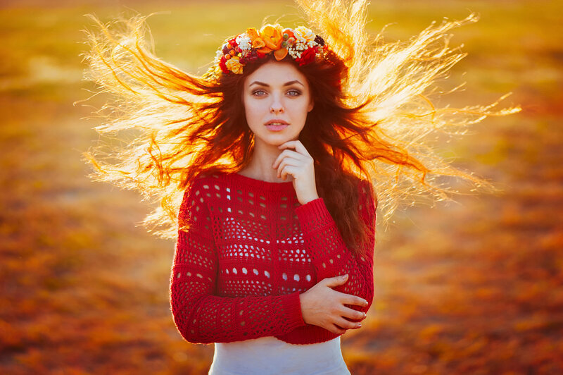 Woman with Flower Crown — Red, Dramatic, Sunset, Photograph