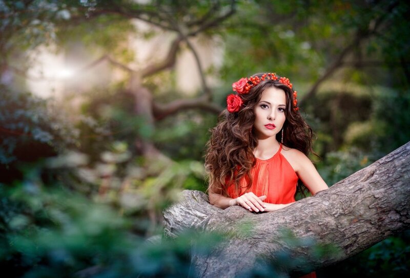 Woman with Flower Crown — Red, Serene, Afternoon, Photograph
