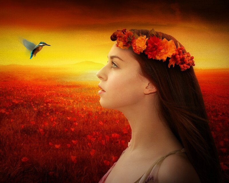 Woman with Flower Crown — Red, Serene, Sunset