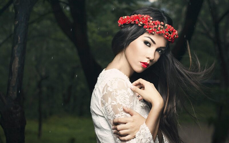 Woman with Flower Crown — White, Dramatic, Photograph, Flowers, Forest
