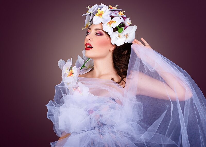 Woman with Flower Crown — White, Dramatic, Photograph, Flowers, Veil