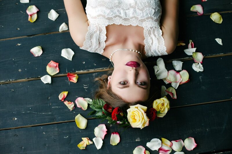 Woman with Flower Crown — White, Dramatic, Photograph, Rose Petals