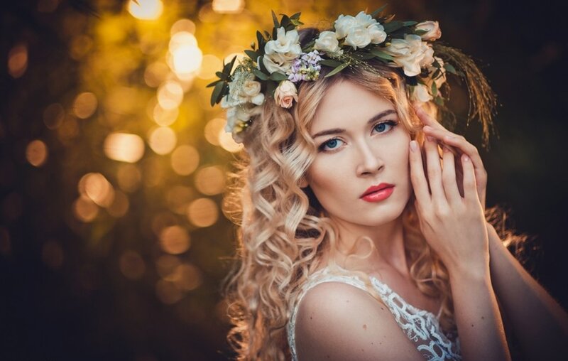 Woman with Flower Crown — White, Dramatic, Sunset, Photograph