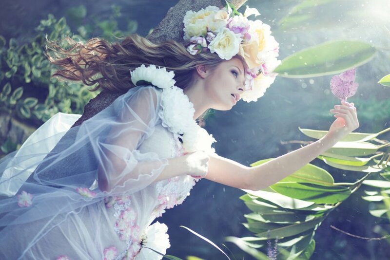 Woman with Flower Crown — White, Serene, Afternoon, Photograph, Flowers, Butterfly