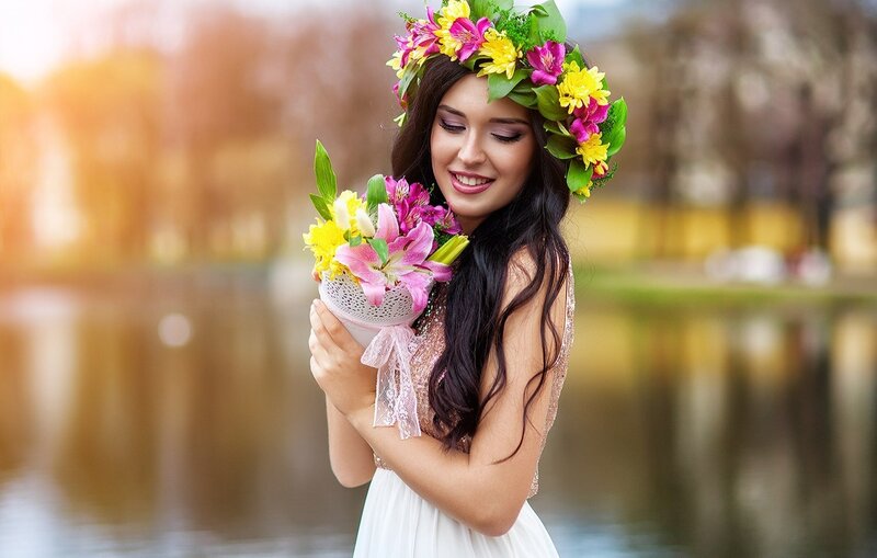 Woman with Flower Crown — White, Serene, Afternoon, Photograph, Flowers, Dress, Lake