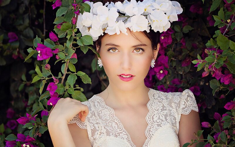 Woman with Flower Crown — White, Serene, Afternoon, Photograph, Flowers, Lace Dress, Earrings