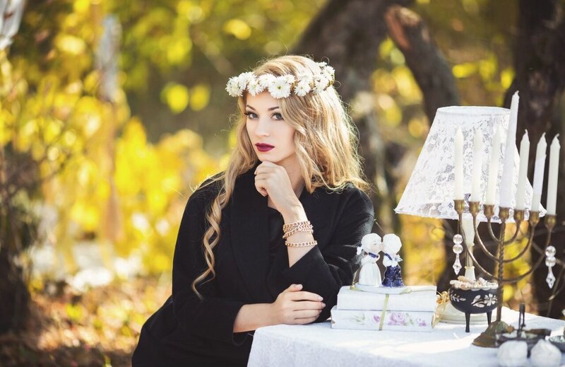Woman with Flower Crown — White, Serene, Autumn, Photograph