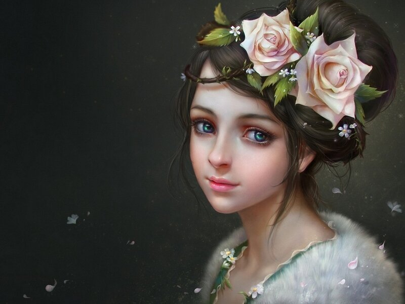 Woman with Flower Crown — White, Serene, Digital Art, Flowers, Roses