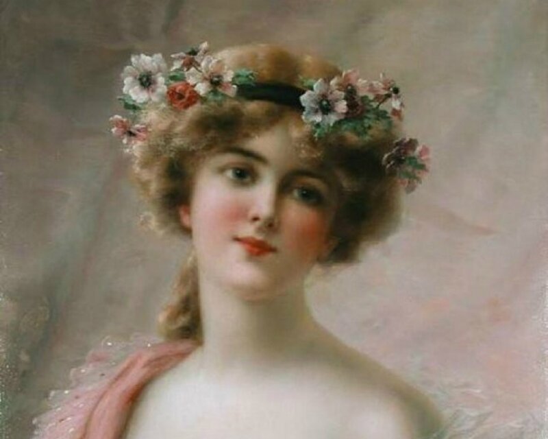 Woman with Flower Crown — White, Serene, Painting, Flower Crown, Pink Fabric