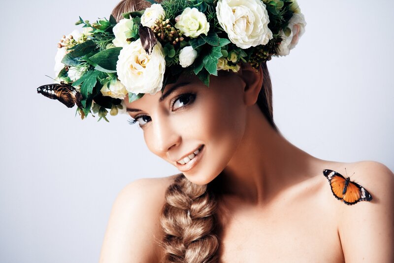 Woman with Flower Crown — White, Serene, Photograph, Butterfly