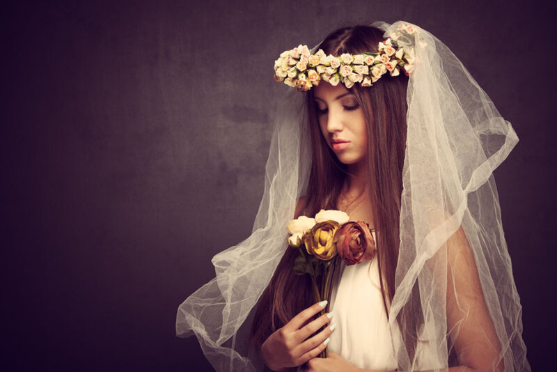 Woman with Flower Crown — White, Serene, Photograph, Veil
