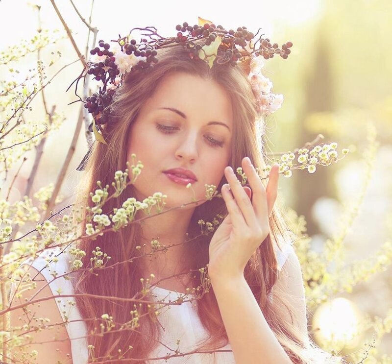 Woman with Flower Crown — White, Serene, Spring, Photograph, Flower Crown, Branches