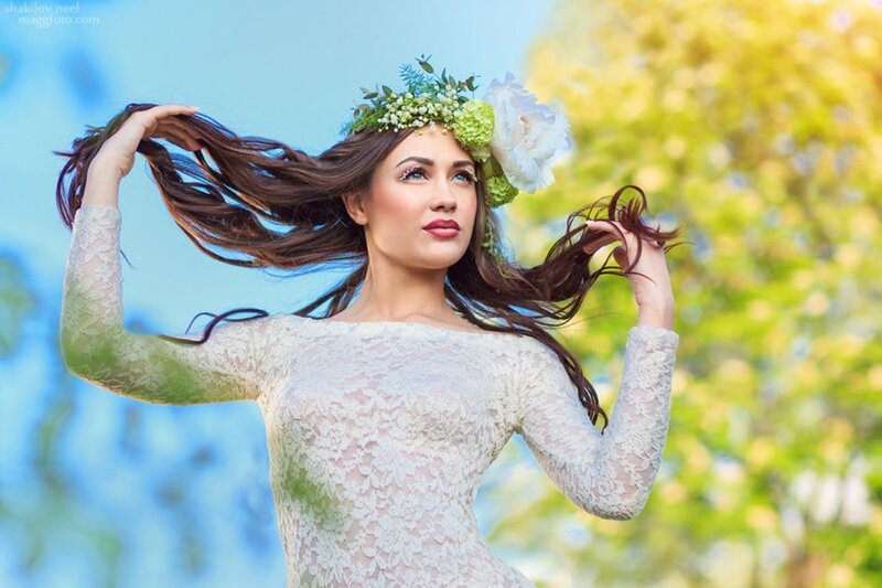Woman with Flower Crown — White, Serene, Spring, Photograph, Flower Crown