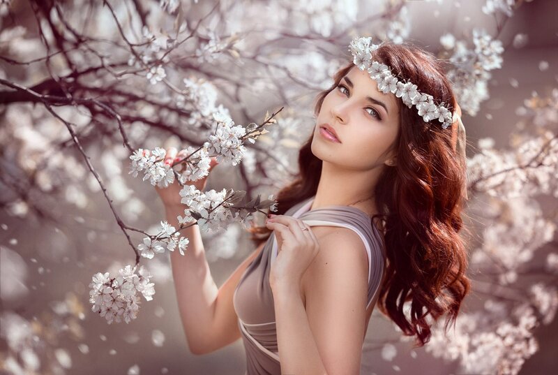 Woman with Flower Crown — White, Serene, Spring, Photograph, Flowers, Branch