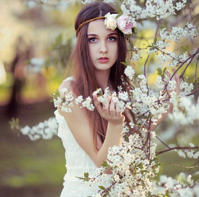 Woman with Flower Crown — White, Serene, Spring, Photograph, Flowers, Branches, Dress