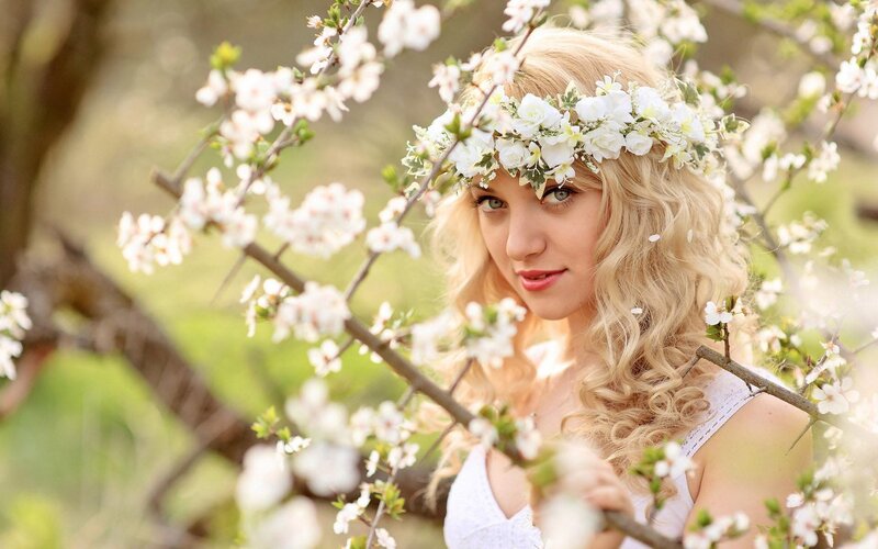Woman with Flower Crown — White, Serene, Spring, Photograph, Flowers, Branches