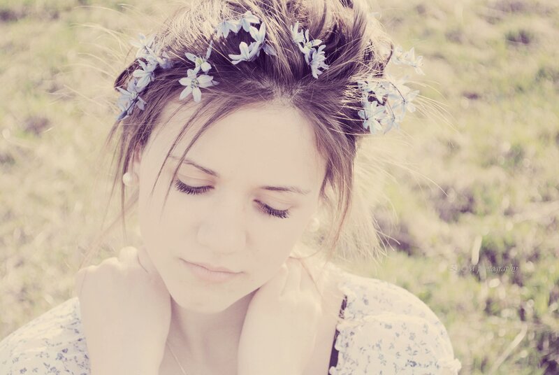 Woman with Flower Crown — White, Serene, Spring, Photograph, Flowers, Grass