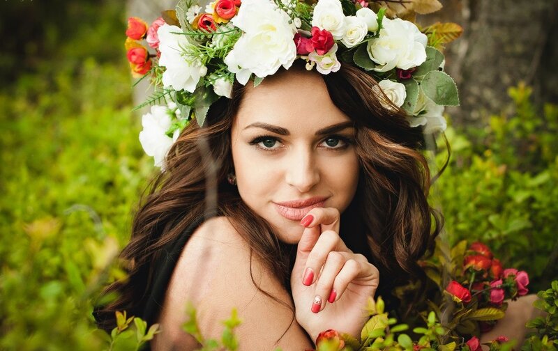 Woman with Flower Crown — White, Serene, Spring, Photograph, Flowers, Greenery, Hand