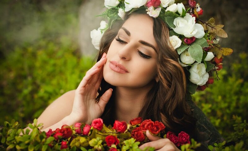 Woman with Flower Crown — White, Serene, Spring, Photograph, Flowers, Greenery