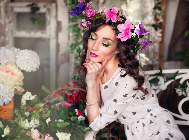 Woman with Flower Crown — White, Serene, Spring, Photograph, Flowers, Makeup