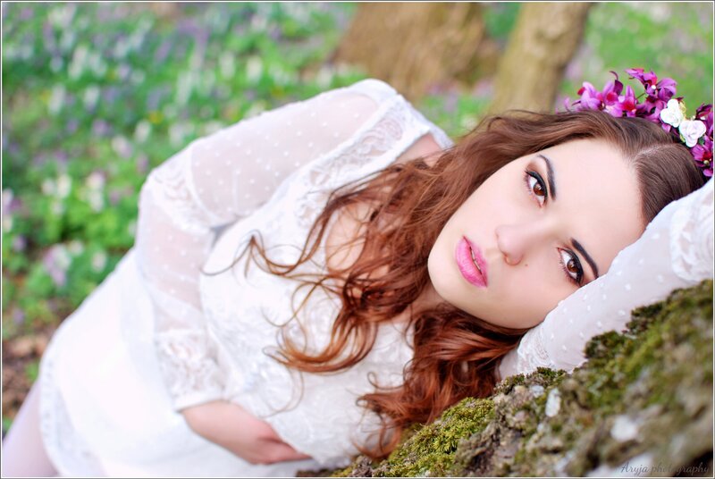 Woman with Flower Crown — White, Serene, Spring, Photograph, Flowers, Tree