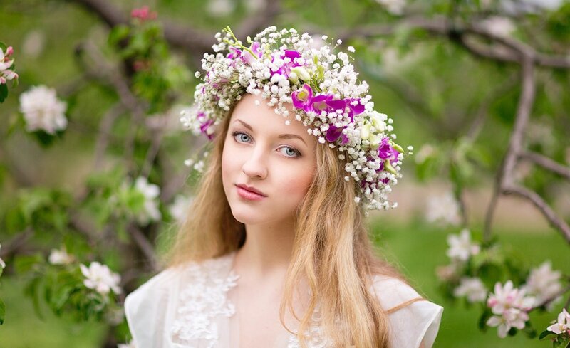 Woman with Flower Crown — White, Serene, Spring, Photograph, Flowers, Trees, White Dress