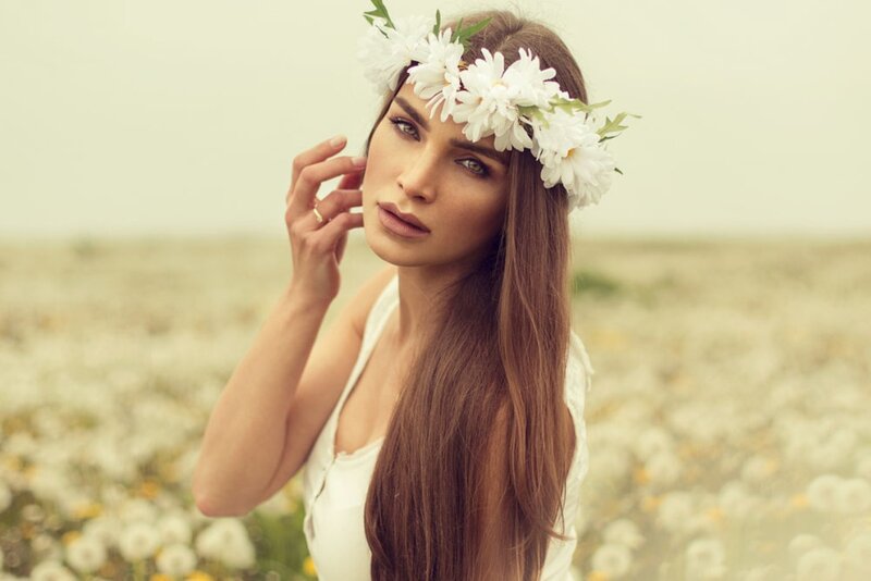 Woman with Flower Crown — White, Serene, Summer