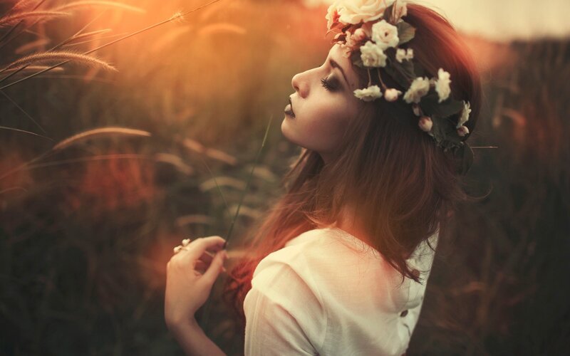 Woman with Flower Crown — White, Serene, Sunset, Photograph, Flower Crown