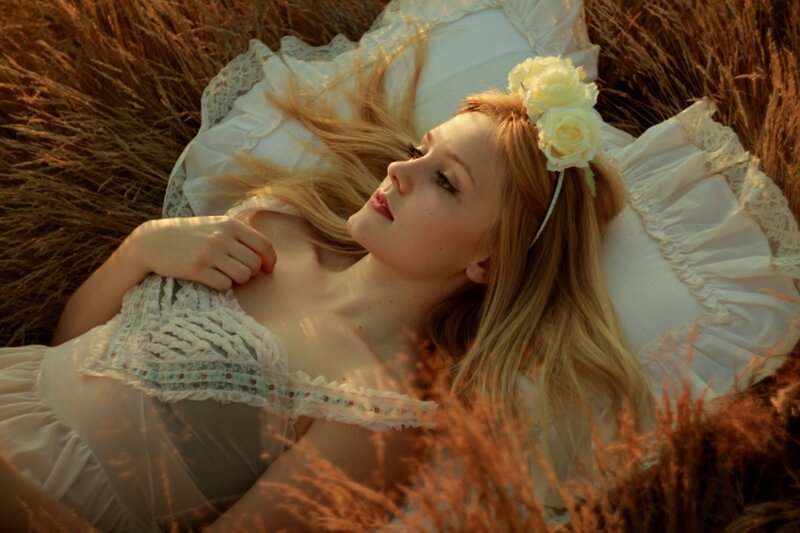 Woman with Flower Crown — White, Serene, Sunset, Photograph