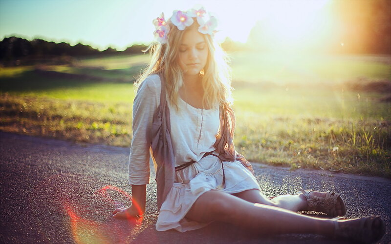 Woman with Flower Crown — White, Serene, Sunset