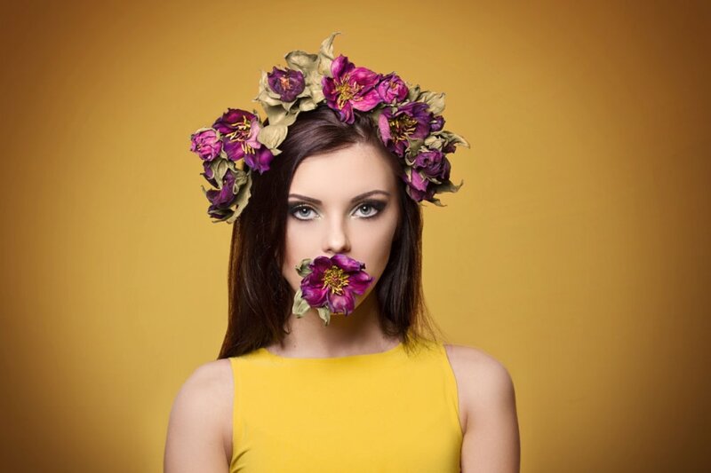 Woman with Flower Crown — Yellow, Dramatic, Photograph, Flowers