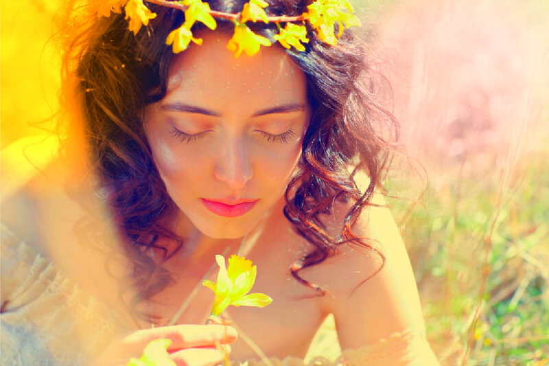 Woman with Flower Crown — Yellow, Serene, Spring, Photograph