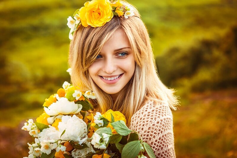 Woman with Flower Crown — Yellow, Serene, Summer, Photograph
