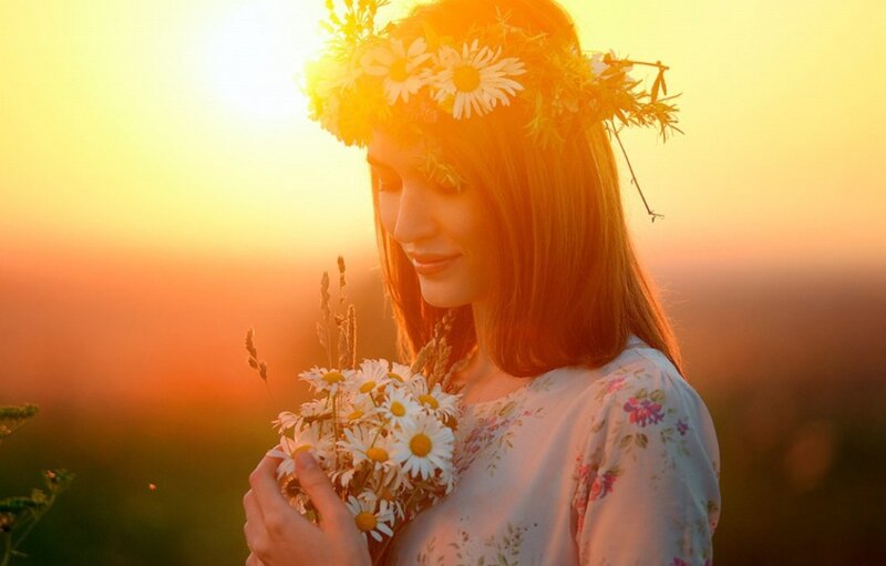 Woman with Flower Crown — Yellow, Serene, Sunset, Photograph
