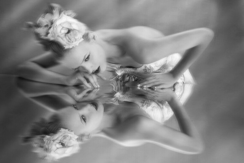 Woman with Flower in Hair — Black, Dreamy