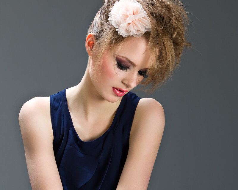 Woman with Flower in Hair — Blue, Dramatic, Photograph