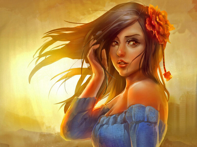 Woman with Flower in Hair — Blue, Dramatic, Sunset, Digital Art