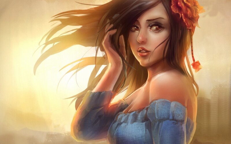 Woman with Flower in Hair — Blue, Dramatic, Sunset