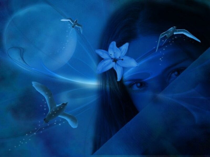 Woman with Flower in Hair — Blue, Dreamy