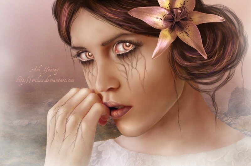 Woman with Flower in Hair — Brown, Dramatic, Digital Art