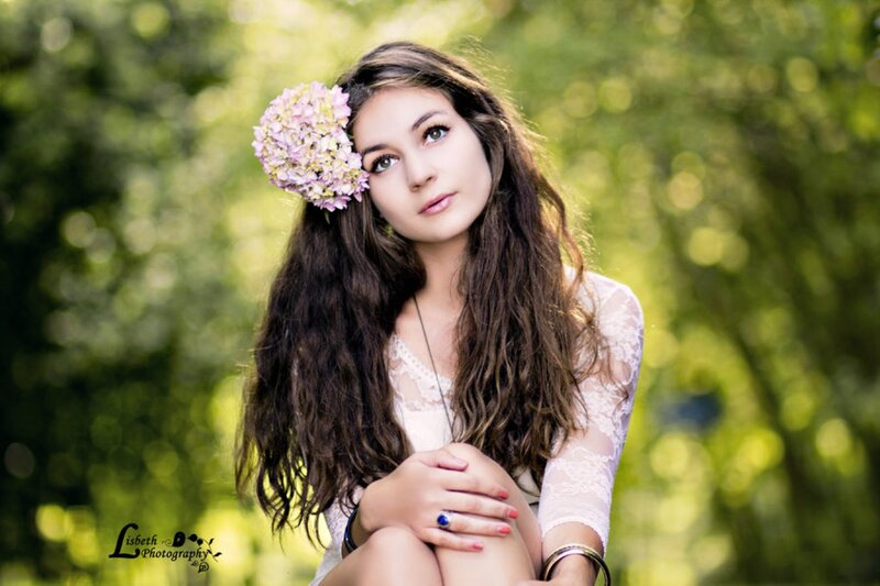 Woman with Flower in Hair — Green, Serene, Afternoon, Photograph, Lace Dress
