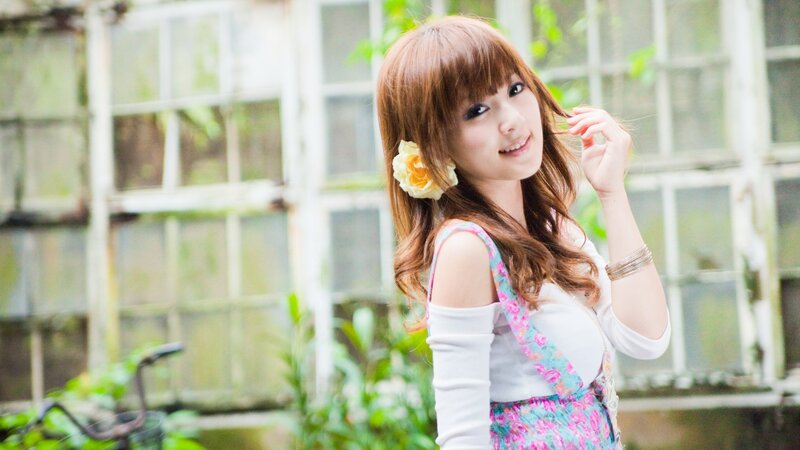 Woman with Flower in Hair — Pink, Serene, Afternoon, Photograph, Dress, Bicycle